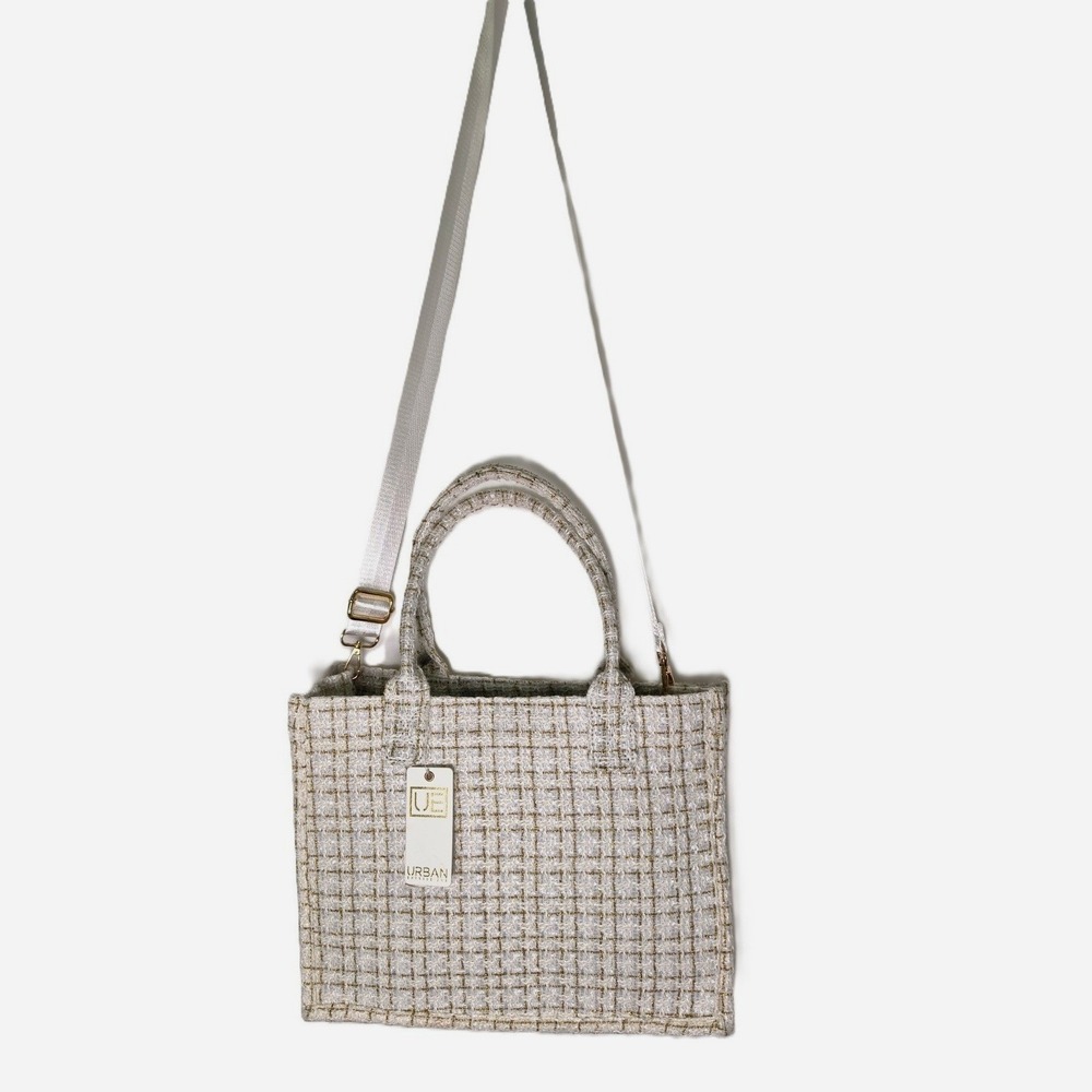 Urban Expressions Morgan Tweed Tote Bag Cream Gold Plaid Fabric Lg 14 x 11 x 4